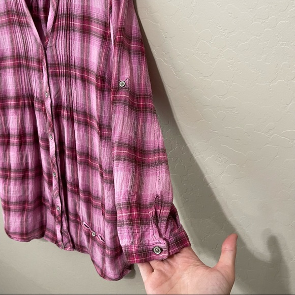 Sundance Pink plaid v neck button down pleated blouse S light dark pink brown - Picture 5 of 10